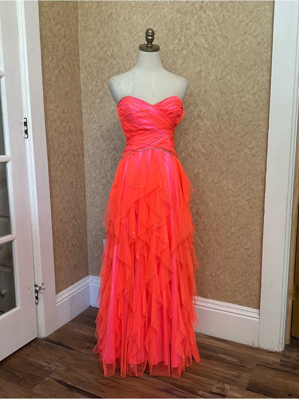 VTG Y2K 90s Neon Pink Mesh Layered Tulle Ruffle Sequin Prom Dress Gown